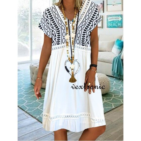 Fashionclub Dresses & Skirts - New Fashionclub Aztec Geo Santa Fe Print Midi White Black Summer Travel Dress S